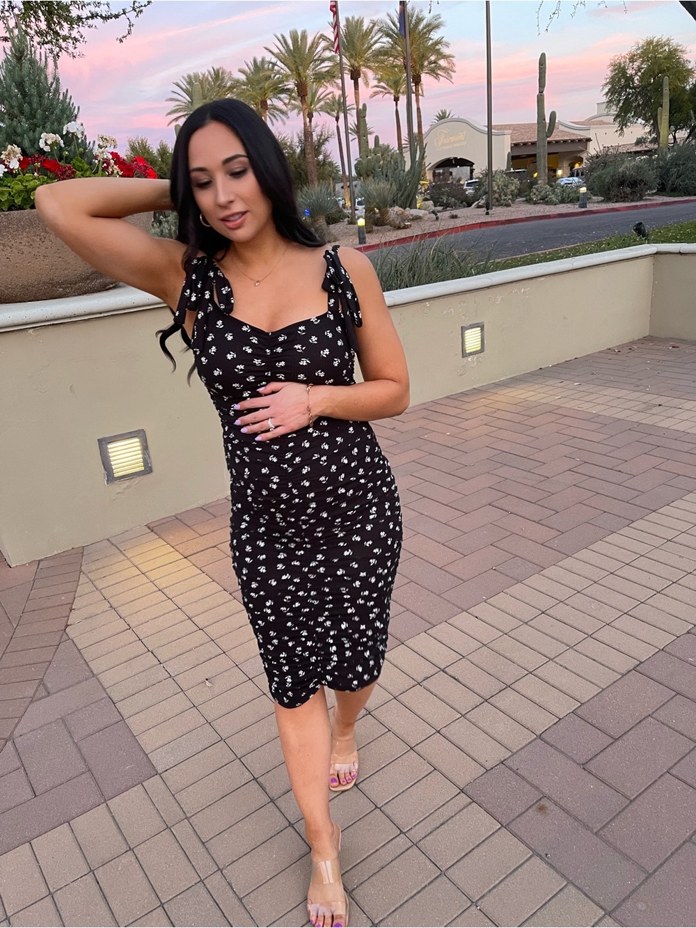 Black Floral Midi Bodycon Maternity Dress with Tie-Strap Detail